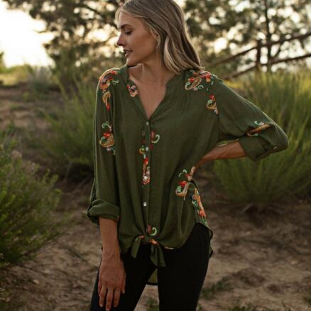 Olive Paisley Embroidered Long Tab Sleeve Button-U